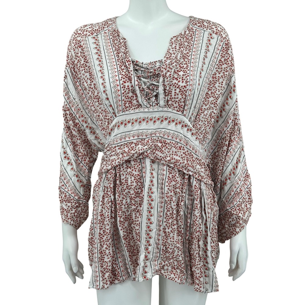 Suzanne Betro Top Womens 1X Red White Floral Boho Peasant Cottagecore Spring